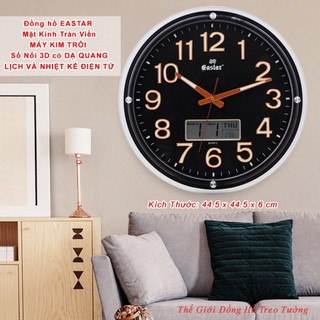 Đồng Hồ Treo Tường Cao Cấp EASTAR KIM TRÔI Mặt Tròn Lớn có Dạ Quang, Lịch Vạn Niên, Nhiệt Kế Điện Tử