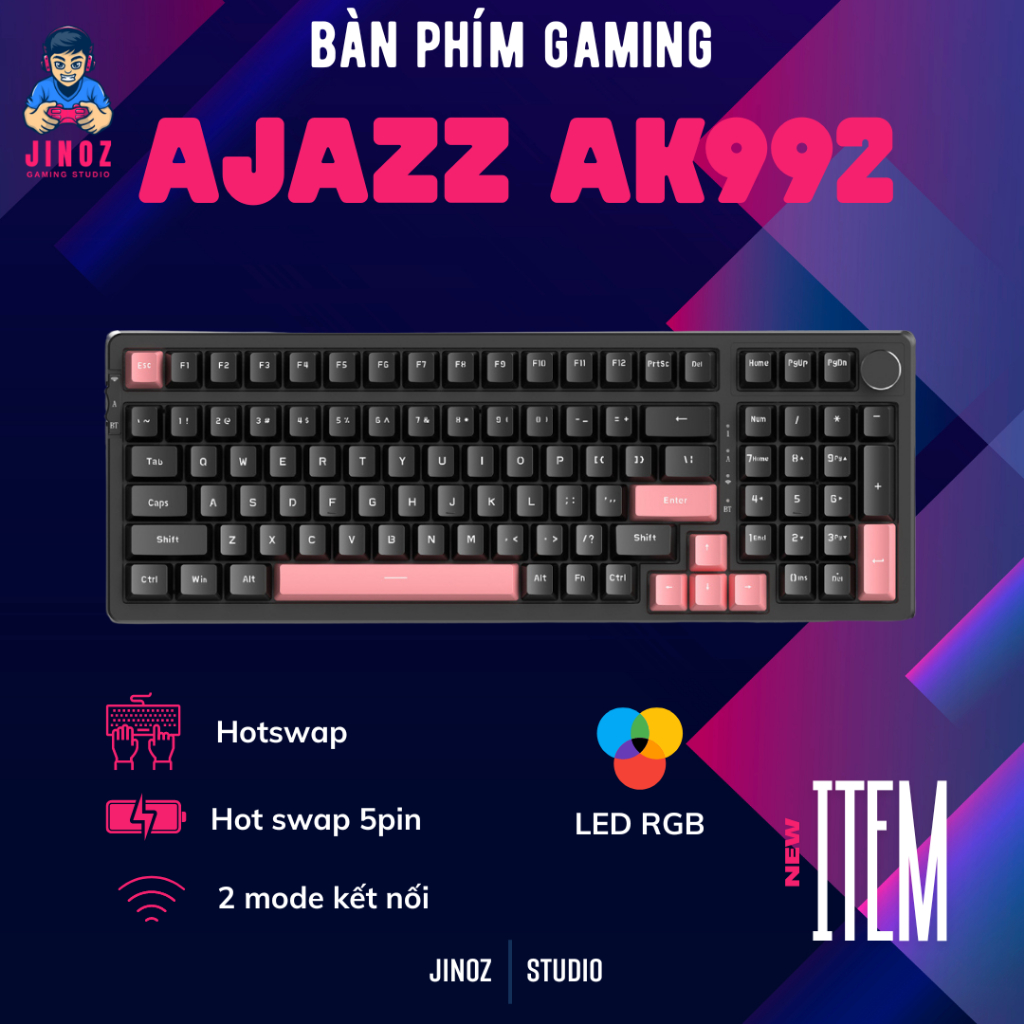 Bàn phím cơ Gaming không dây Ajazz AK992 Brown switch - Hỗ trợ hotswap - Bảo hành 1 năm- Jinoz Gamin