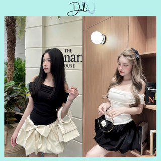 Set Váy Tiểu Thư Chất Liệu Tăm Trễ Vai Phối Thô Đính Nơ Kèm Quần Trong Thiết Kế Bồng Bềnh Sang chảnh