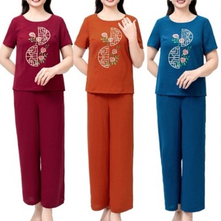 Đồ Bộ Trung Niên Cho Mẹ Cộc tay quần dài Mặc Nhà Vải Đũi Cao Cấp, bộ đồ cho mẹ P2