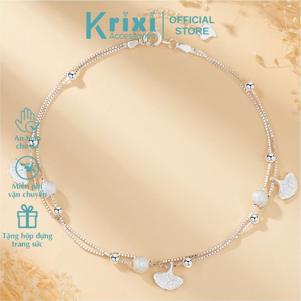 Lắc chân bạc 925 Krixi Silver, vòng chân nữ dây đôi lá cọ kết hợp hạt bi tròn 10LC03