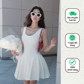 Váy thun cổ U dáng xoè ngắn đi biển đầm hai dây thiết kế xiết eo siêu tôn dáng Minaca Clothing V274