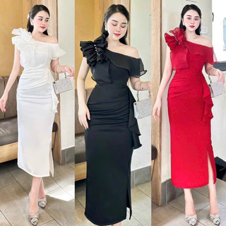 🍒đầm dự tiệc body lệch vai đính nơ s.mlxl2xl