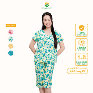 Bộ mặc nhà lanh nữ quần lửng, áo cộc tay họa tiết thời trang Việt Thắng - B06.2405