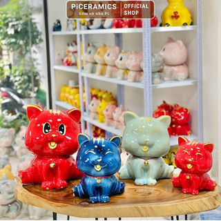 Lợn đất tiết kiệm gốm sứ Bát Tràng dáng mèo Kitty dành cho bé, màu hoả biến