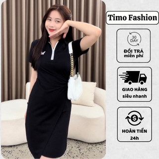 Đầm body nữ TIMO, Váy ôm body vạt chéo xẻ tà cổ polo có khóa kéo, hình thêu, mặc đi chơi, mặc ở nhà tôn dáng, VTN119