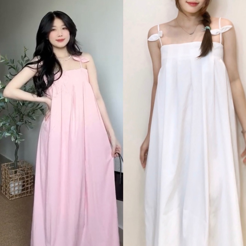 CÓ TÚI- ĐẦM 2S PHỐI NƠ DÁNG SUÔNG DÀI BBD BASIC VÁY DÂY DÁNG DÀI