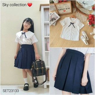 Set áo sơ mi trắng, chân váy xếp ly bé gái sky23133