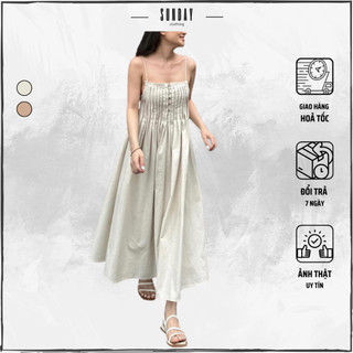 Váy Đầm Maxi Linen Hai Dây Xếp Ly Ngực Cài Nút, Đầm Maxi 2 Dây Đi Biển Vải Linen Mina Dress - Sunday Clothing DAM025