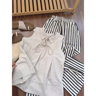 Set Áo Linen cổ bẻ quần sọc ống rộng