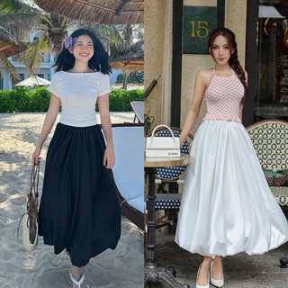 (Váy Lụa dáng Bí lưng thun dài 90cm) Váy Bí Lụa dáng dài ON House - chân váy lụa dáng dài thiết kề form bí ngô xòe chữ A