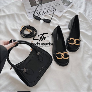 CnK Giày búp bê mũi tròn Chunky Metallic Accent Charles & Keith size 38 màu đen fullbox chính hãng