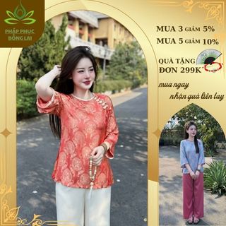 Sét đồ lam nữ gấm thêu chữ thọ mặc đi lễ chùa thanh tịnh,pháp phục cổ tàu đi lễ chùa - s41