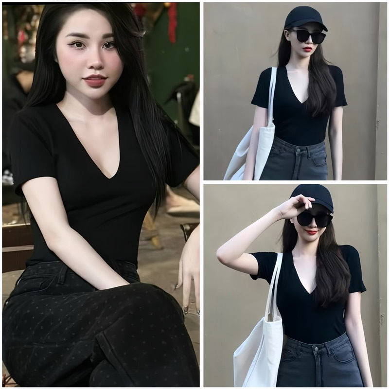 Áo thun nữ tay ngắn trơn dáng ôm cổ tim tay ngắn chẩt thun cotton co giãn MÃ525 | BigBuy360 - bigbuy360.vn