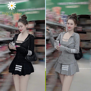 Set đồ nữ sang chảnh 3 món, Set THOM áo khoác có mũ kèm áo ống và chân váy phối 3 sọc T79