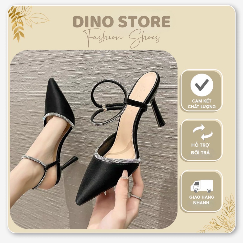 Giày cao gót 7-9 phân quai hậu mũi nhọn phối đá sang trọng_DINO Store