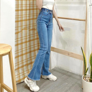 Quần jean nữ ỐNG LOE MÀU XANH NHẠT LOANG PHỐI LẮP TÚI + KHUY chất jean co giãn tốt LOE-T-1