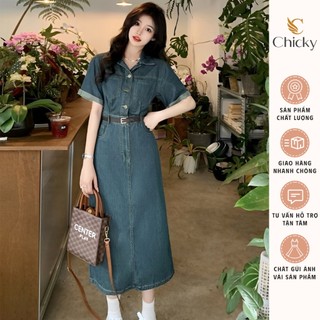 Đầm Denim Dáng Dài Tay Ngắn, Váy Jean Tay Cộc Style Hàn Quốc Tiểu Thư Thanh Lịch , Trẻ Trung Siêu Hot Hit