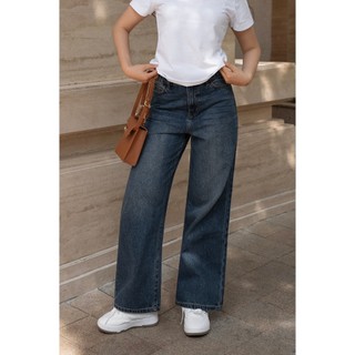 HASHTAGEM - Quần Jeans Nữ Loose Jeans Cobalt Blue LSJ.15, Ống Rộng Lưng Cao, Xanh Ánh Rêu Wash Râu Mèo