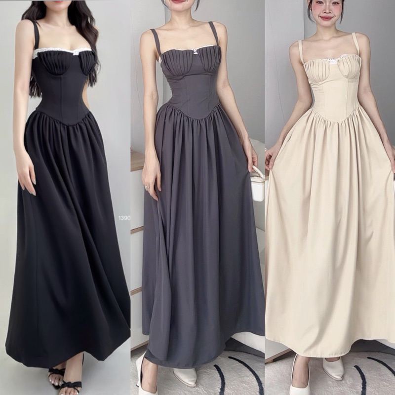 Đầm Cúp Sò Xếp Ly Ngực Phối Ren Hai Dây