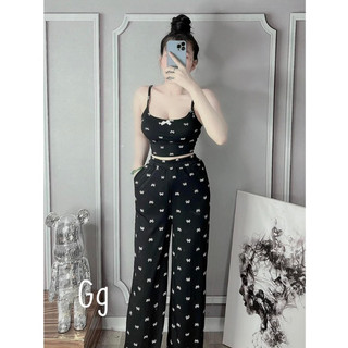 Sét bộ đính nơ toàn bộ , áo 2 dây phối quần dài ống suông cực hot , chất tăm mềm mịn