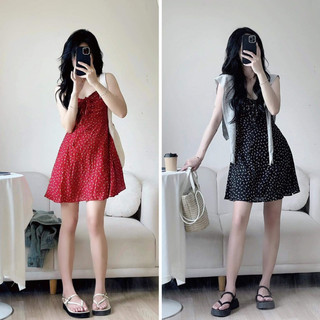  Đầm hai dây hoa nhí rút ngực chun lưng hai màu đỏ đen siêu cưng Mia Dress