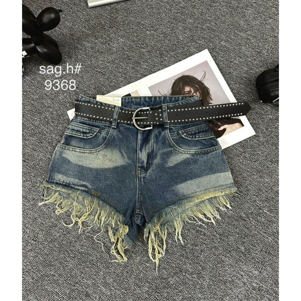 Quần sooc jean nữ lưng cao màu xám đậm tua rua tôn dáng , quần đùi cá tính siêu xịn kèm đai hothit | BigBuy360 - bigbuy360.vn