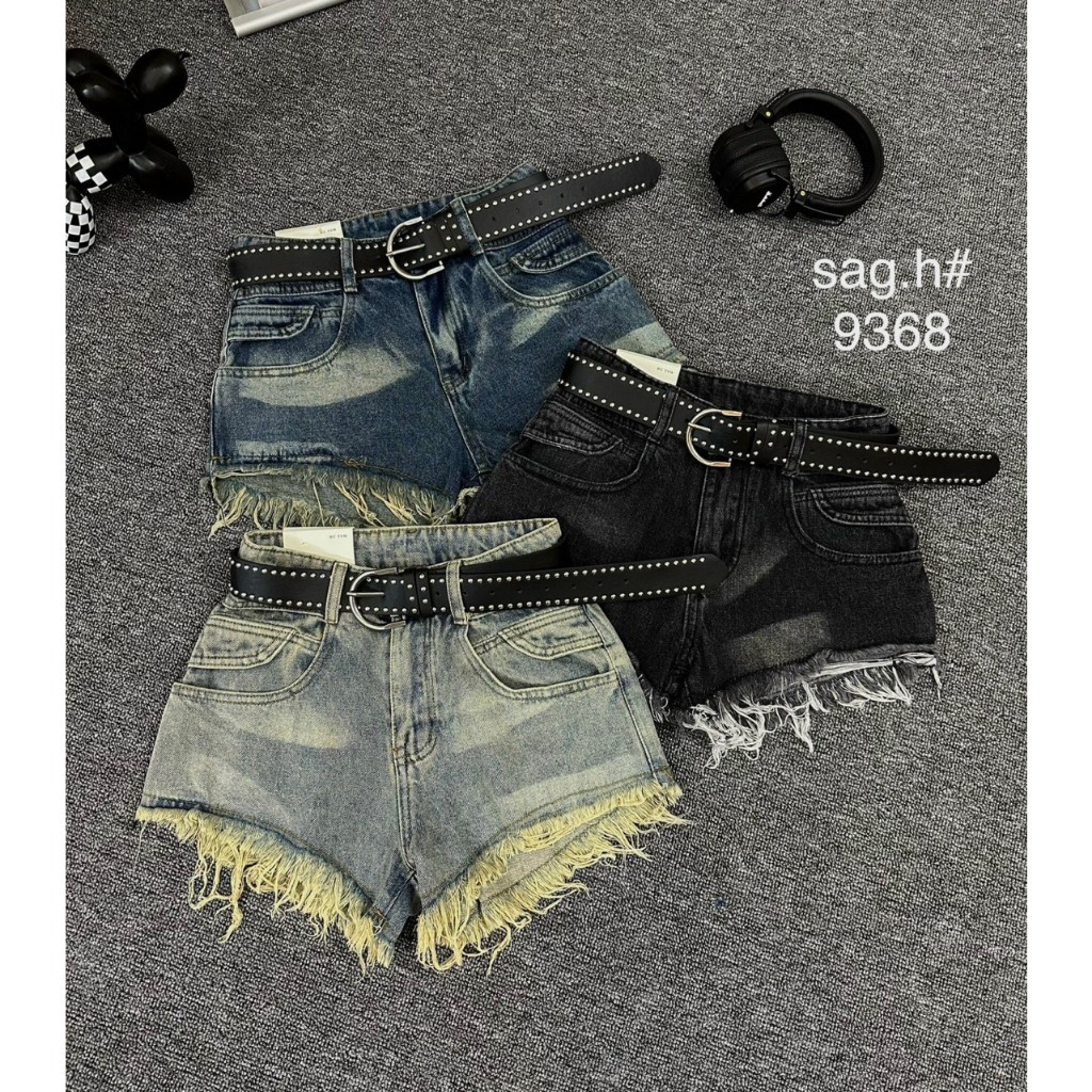 Quần sooc jean nữ lưng cao màu xám đậm tua rua tôn dáng , quần đùi cá tính siêu xịn kèm đai hothit | BigBuy360 - bigbuy360.vn