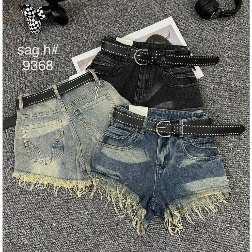 Quần sooc jean nữ lưng cao màu xám đậm tua rua tôn dáng , quần đùi cá tính siêu xịn kèm đai hothit | BigBuy360 - bigbuy360.vn