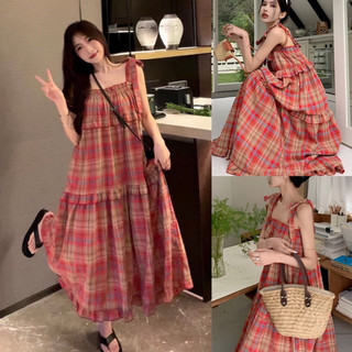 Đầm Vintage Hai Dây Buộc Vai Kẻ Đỏ Xếp Tầng Bèo, Váy 2 Dây Maxi Đi Biển Mùa Hè Chất Kẻ Đũi Thô