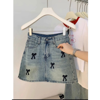 Chân váy bò ngắn jean nữ thêu nơ(mua từ 2sp tặng thắt lưng)-Chân Váy MYK Jeans
