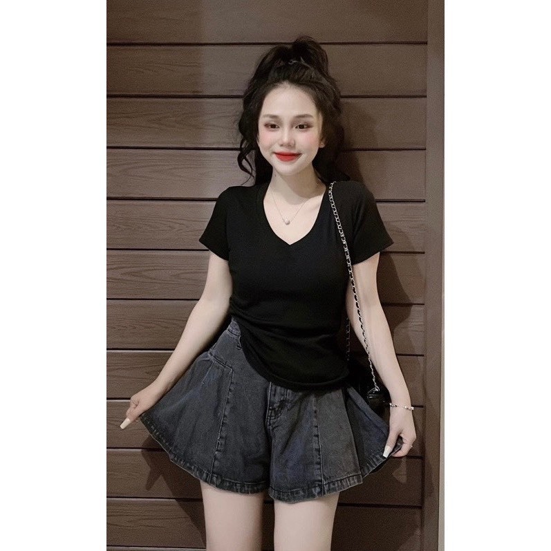 Áo thun nữ tay ngắn trơn dáng ôm cổ tim tay ngắn chẩt thun cotton co giãn MÃ525 | BigBuy360 - bigbuy360.vn