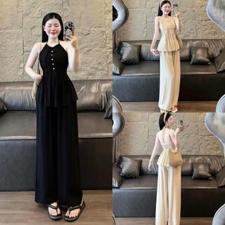 Set Bộ Nữ. Áo Cổ Yếm Phối Nút Nhún Lưng Kèm Quần Dáng Dài Ống Rộng Nhẹ Nhàng Dễ Thương