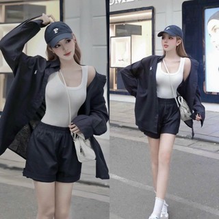Set Bộ Nữ 3 Món. Áo Khoác Sơ Mi Tay Dài Kèm Áo Ba Lỗ Thun Gân Phối Quần Dáng Ngắn Năng Động Phong Cách