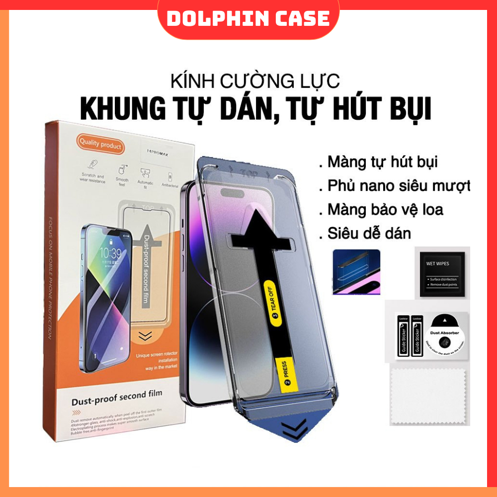 Kính Cường lực iphone MAGIC BOX BLACK ARROW có khung tự dán, tự hút bụi - miếng dán màn hình iphone