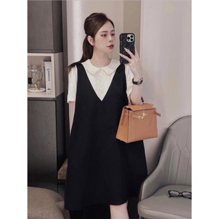 Váy Sơ Mi Phối YT34, Đầm Suông Phối Cổ Sen Sang Chảnh From Rộng Chất Đũi Mát