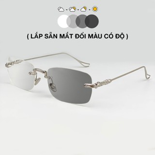 Kính Gọng Khoan Không Viền Chrome Mắt Đổi Màu Khói BLUE LIGHT, Lắp Sẵn Mắt Từ 0 Số Đến Độ Cận 4, Gọng Bạc