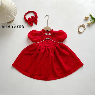 [4-18kg] Đầm Váy Ren Đỏ Cổ Tàu 𝐍𝐇𝐈́𝐌 𝐗𝐔̀ 𝐊𝐈𝐃𝐒 Cho Bé Gái 1 Tuổi Đến 5 Tuổi Tay Ngắn Xinh Xắn V084