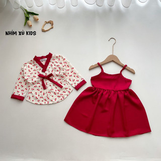 [4-18kg] Sét Đầm Váy Hanbok Cherry Rời NHÍM XÙ KIDS Cho Bé Gái 1 Tuổi Đến 8 Tuổi Chất Lụa Ướt Mềm Mát V107