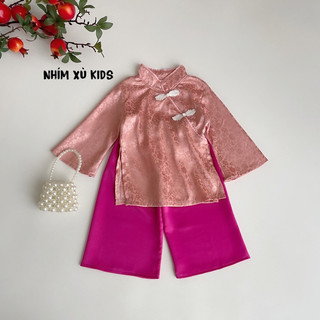 Set bộ bà ba gấm lụa hồng bé gái nhím xù kids s026