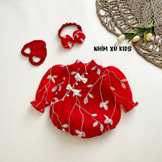 [3-12kg] Body Hoa Đỏ Thêu NHÍM XÙ KIDS Cho Bé Gái Sơ Sinh, Đầy Tháng, Thôi Nôi B077