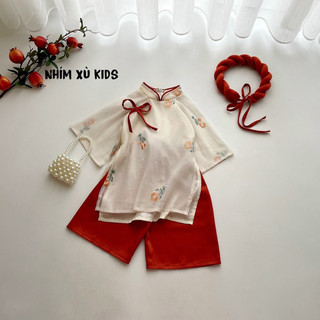[4-64kg] Áo Dài Cách Tân MẸ BÉ Nơ Hoa Thêu NHÍM XÙ KIDS Chất Xốp Thêu CAO CẤP Cho Bé Gái Đến 8 Tuổi - AD136