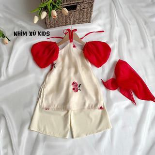 Áo dài cách tân tơ lụa organza thêu nhím xù kids cho bé gái ad135