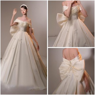  Váy cưới đi bàn cô dâu GẠO SỢ CHUỘT bệt vai xếp ly đính hoa nỗi 3 D   đầm  nơ lưng   FULL SIZE S M L XL 