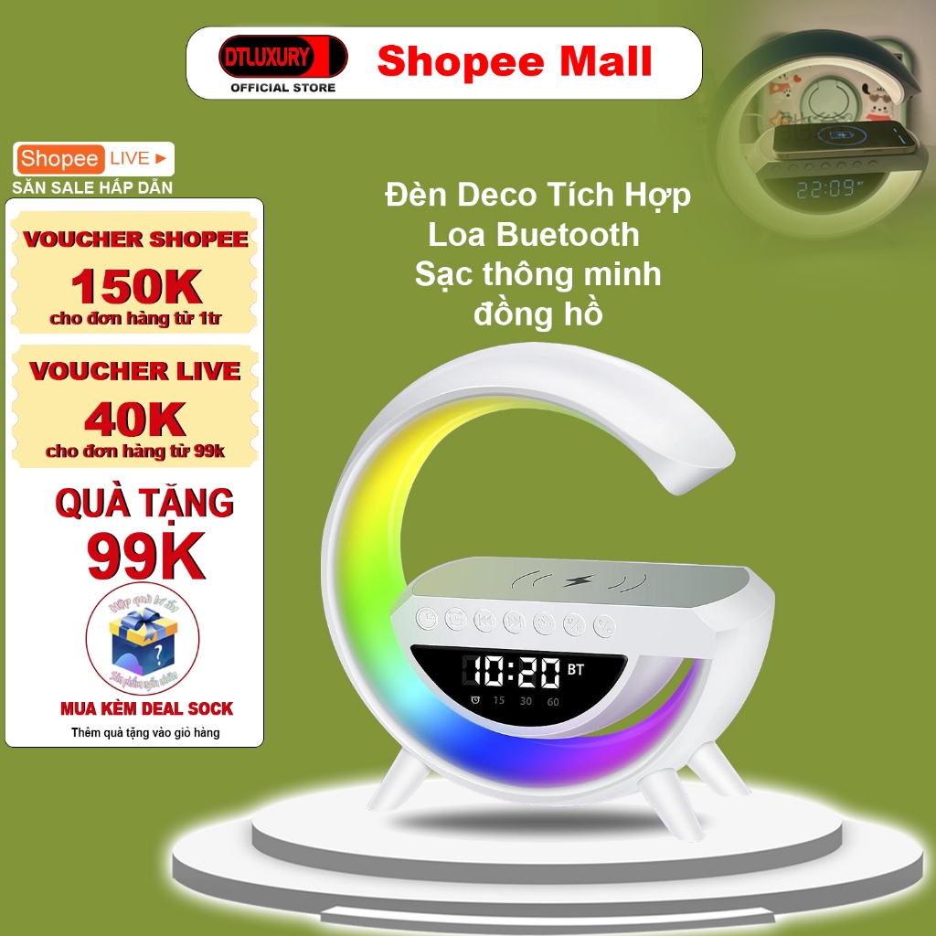 Đèn deco tích hợp đồng hồ báo thức, loa bluetooth DTLUXURY BT3401 DT08 đèn ngủ led RGB nghe nhạc sạc