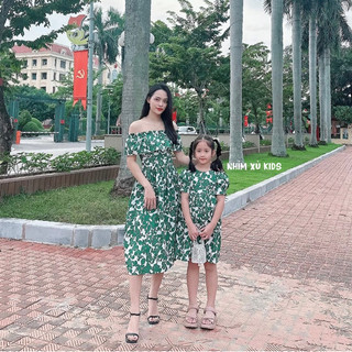 Váy mẹ và bé maxi xanh nhím xù kids 4 - 64kg, chất thô lụa mềm v101