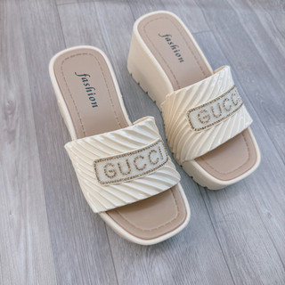 Dép cao gót độn đế 7cm đính đá GC, dép sandal đế cao chống trơn trượt