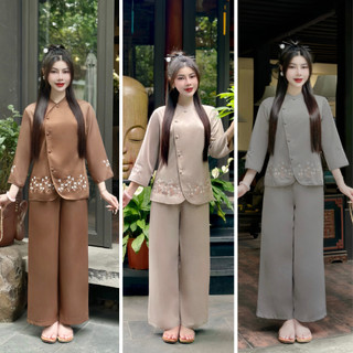 Pháp phục đi chùa, Bộ lam đi chùa chất liệu Lụa trượt Nhật thêu Hoa Nhí