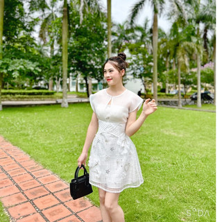 Váy nữ thiết kế dự tiệc sang chảnh phối tơ Nhật sang chảnh tiểu thư