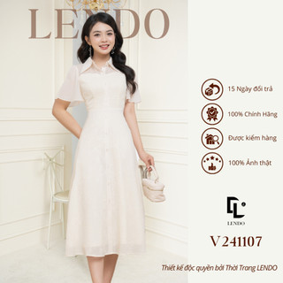 Đầm Váy Công Sở LENDO V241107 Midi Dáng A Tay Cánh Tiên Cổ Sơ Mi Phối Tơ